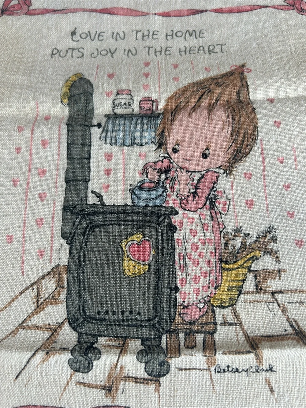 Cottagecore - adorable! 1977 Illustrated Calendar Tea Towel with Pink Ribbon